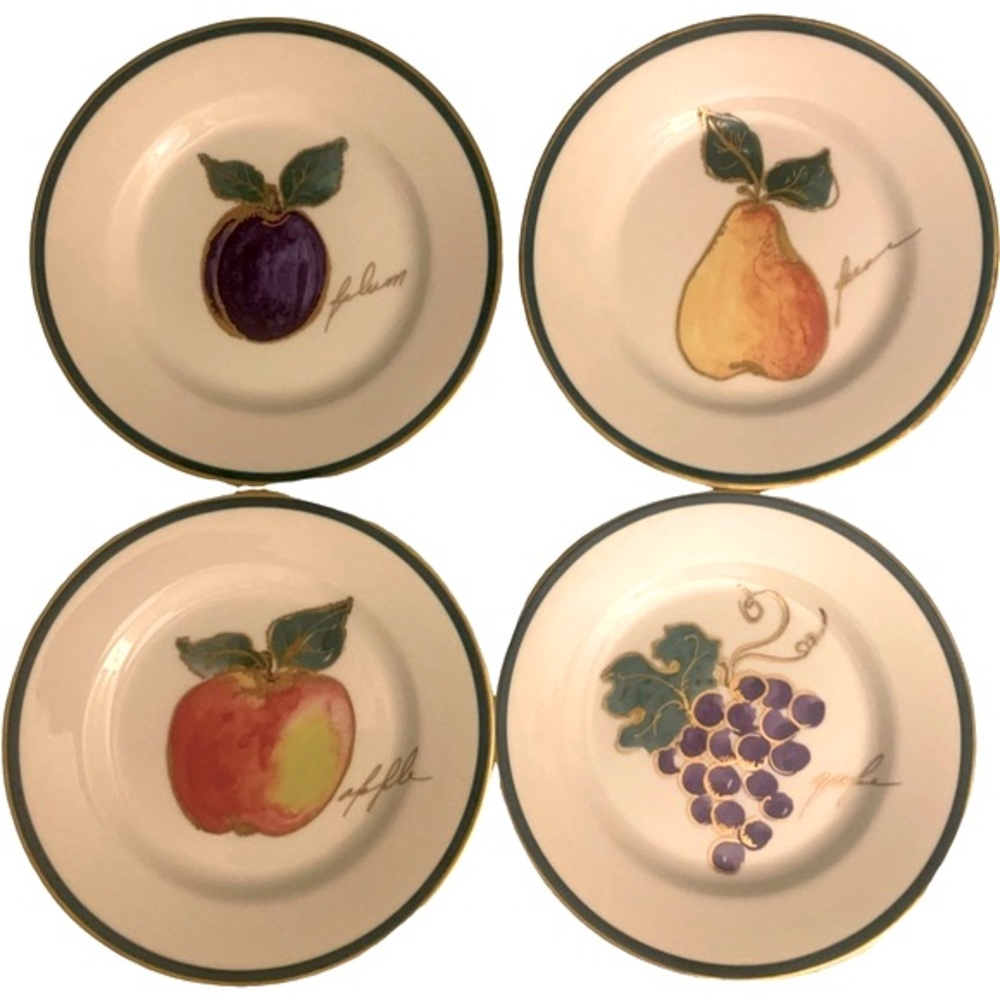 Set/4 Crate and Barrel Apple Grapes Plum Pear Salad Dessert Plates Gold Trim 8"